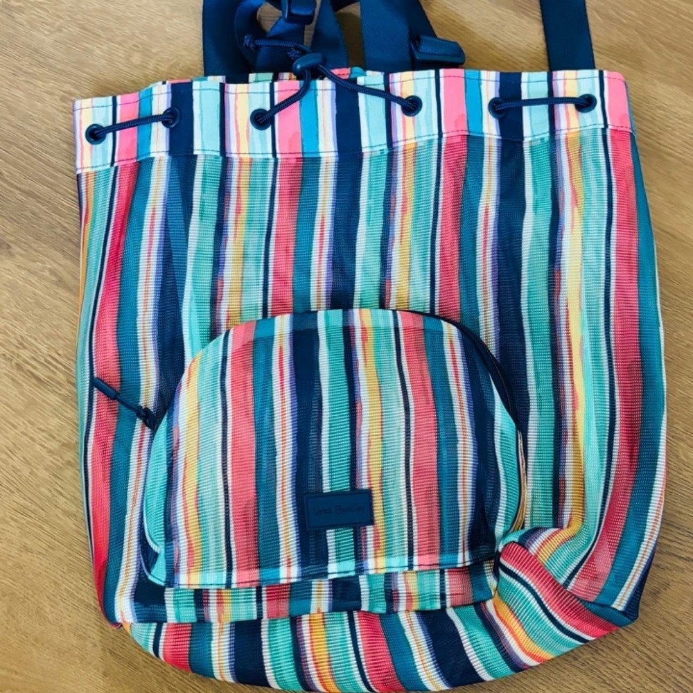 Vera Bradley Mesh Drawstring Backpack Multi Color Striped Beach Gym Bag